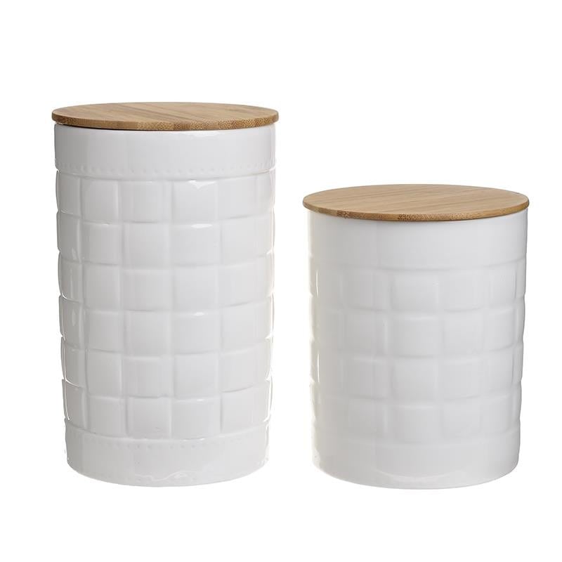 Set di 2 Barattoli in Porcellana Bianco con Tappo in Legno