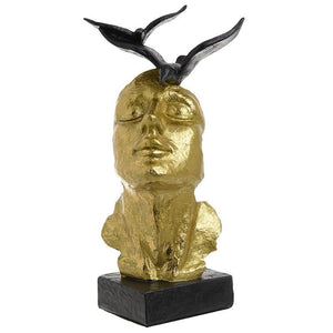 Statua Decorativa Faccia Oro con Uccelli in Resina